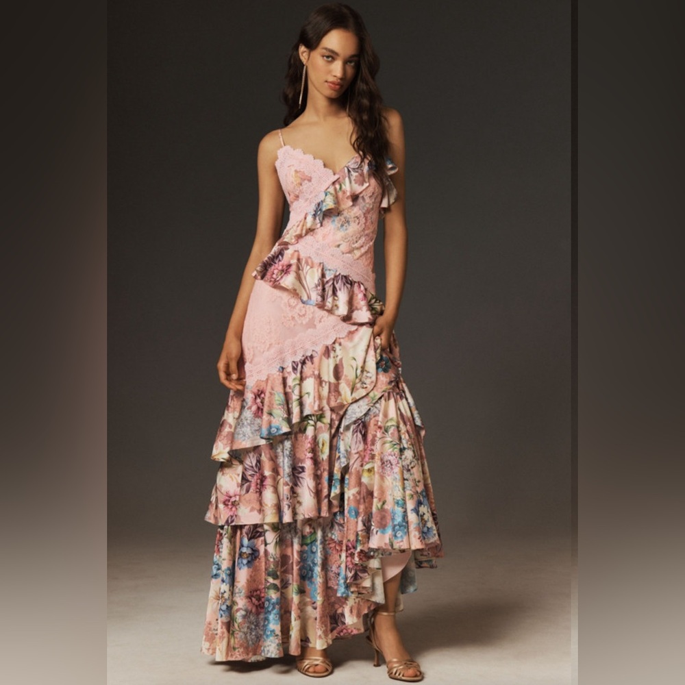 Anthropologie BHLDN Elora Sleeveless V-Neck Ruffle Lace Midi Dress Size 6